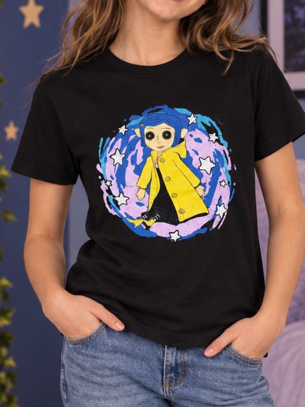 Coraline 3D Button Eyes Girls L Tee NWT